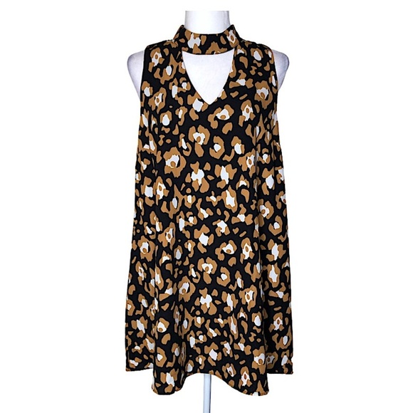 Peach Love California Leopard Print Cut Out High Neck Mini Dress Casual Sz: M - Picture 1 of 13